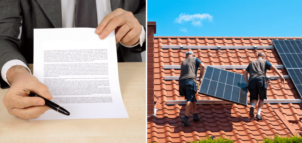 Homme qui montre la diminution de coût énergétique avec un papier puis un exemple de personnes qui installent des panneaux solaires sur une maison, énergie verte, économie