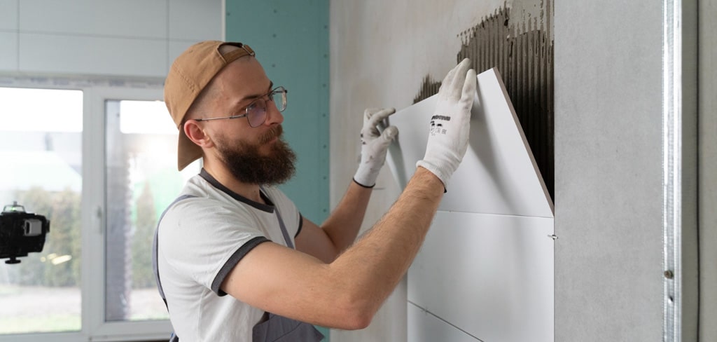 Plaquiste qui travail et qui fait une pause au mur, homme plaquiste, chantier, travaux